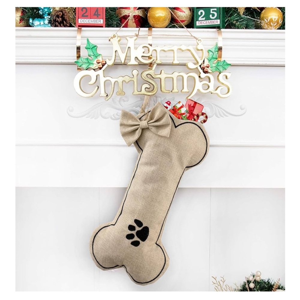 NEW Tan Dog Bone Christmas Stocking ornament bag pet lover gift